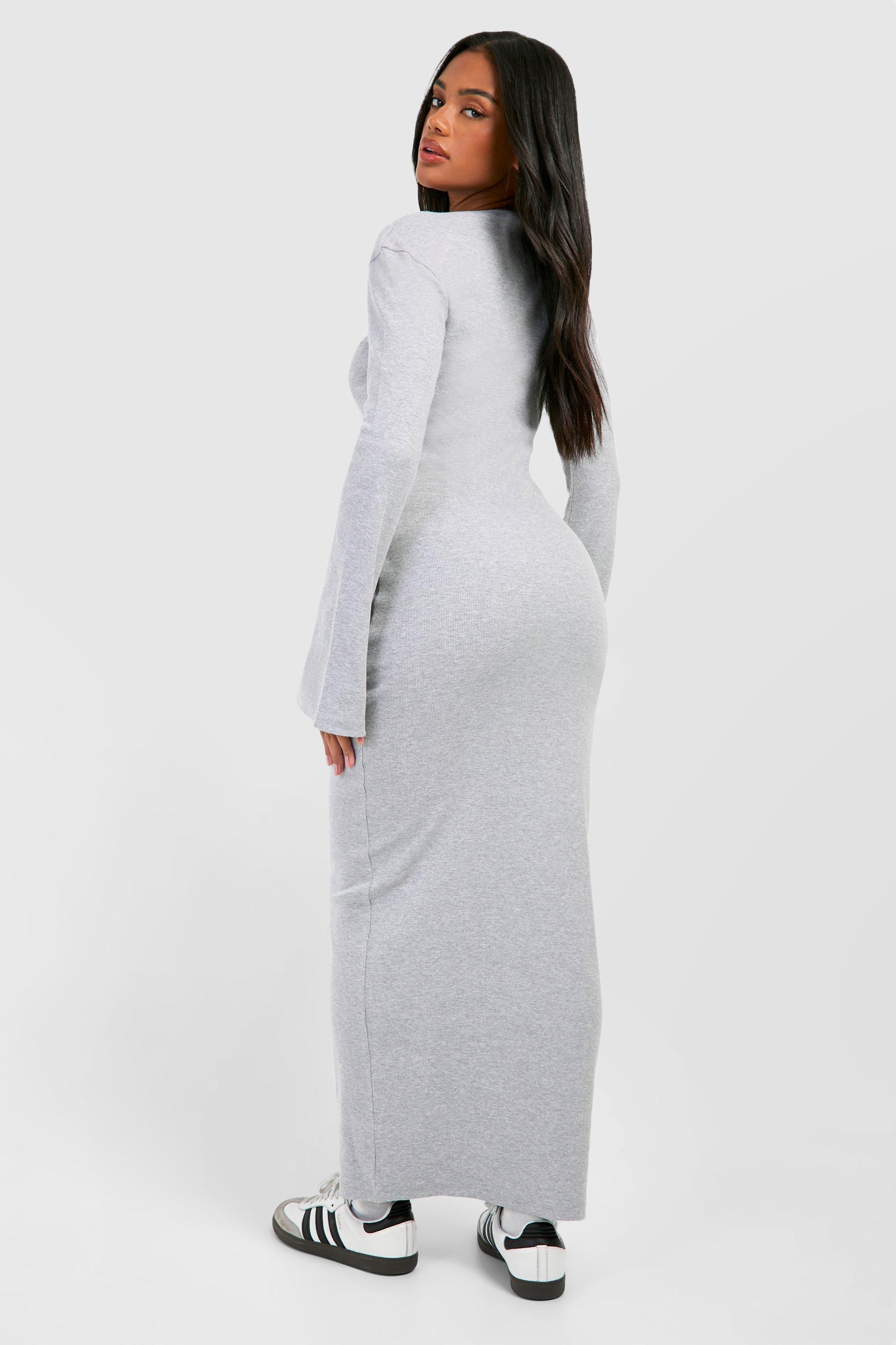 Flare Sleeve Rib Long Sleeve Maxi Dress | boohoo